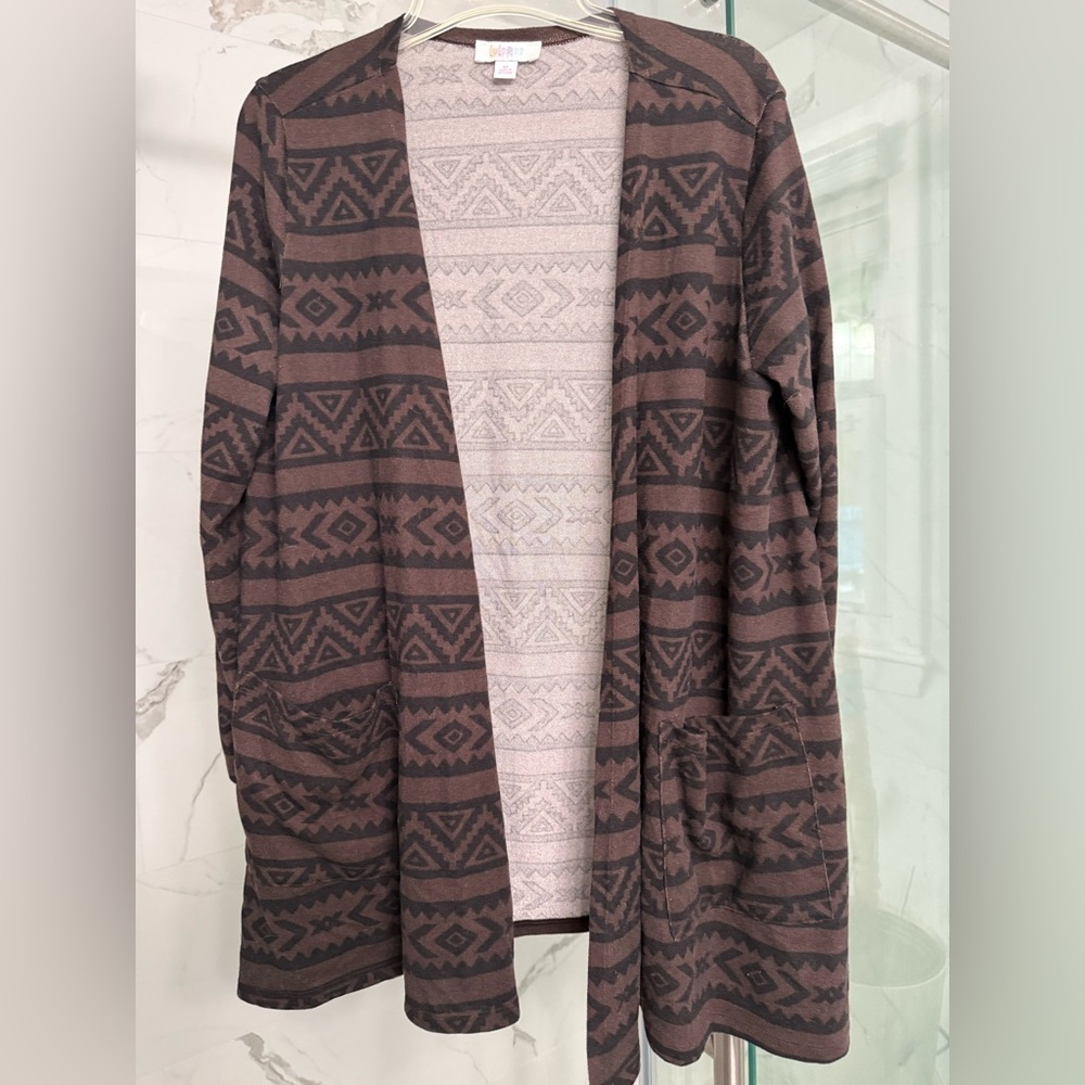 LuLaRoe Brown and Dark Brown Aztec-Pattern Open Cardigan